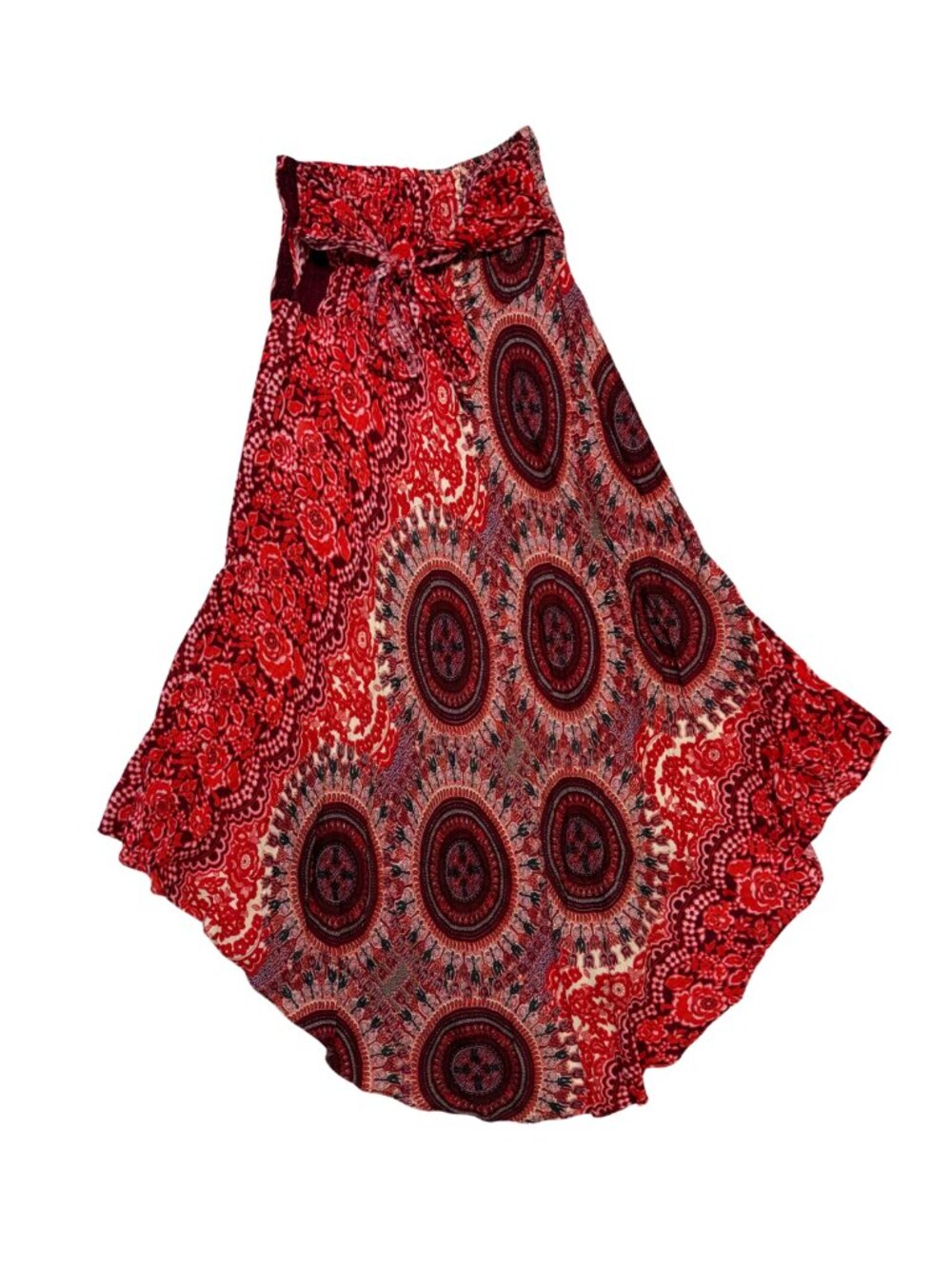 Boho Printed Midi Wrap Skirt Size Small Red Burgundy